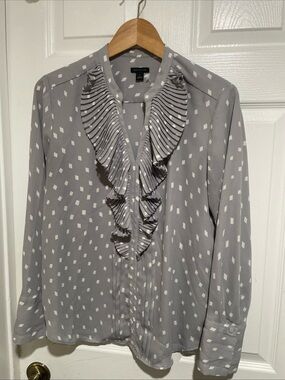 Ann Taylor Gray Ruffle Front Polka Diamond Blouse